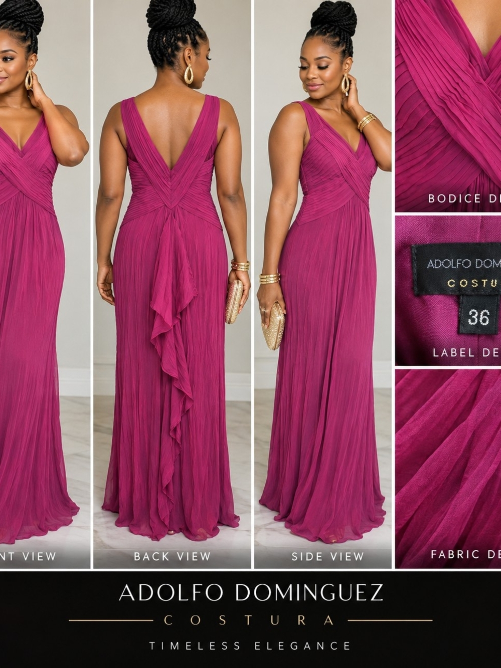 Adolfo Dominguez Fuchsia Pleated V-Neck Maxi Gown